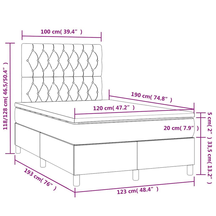 Pat box spring cu saltea/LED albastru închis 120x190cm catifea - WALTI WALTI