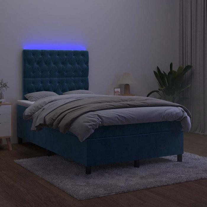 Pat box spring cu saltea/LED albastru închis 120x190cm catifea - WALTI WALTI