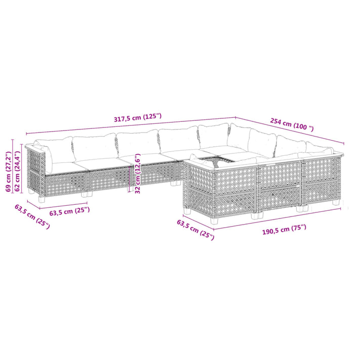 Set mobilier de grădină cu perne, 10 piese, gri, poliratan WALTI