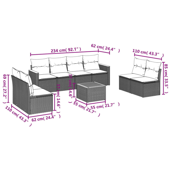 Set mobilier de grădină cu perne, 9 piese, negru, poliratan WALTI