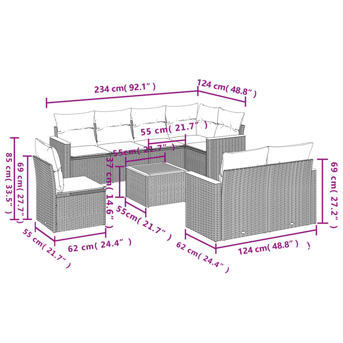 Set mobilier de grădină cu perne, 9 piese, negru, poliratan - WALTI WALTI