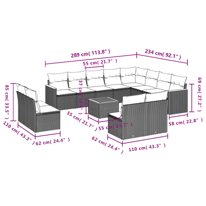 Set mobilier de grădină cu perne, 13 piese, negru, poliratan WALTI
