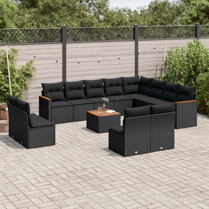 Set mobilier de grădină cu perne, 13 piese, negru, poliratan WALTI