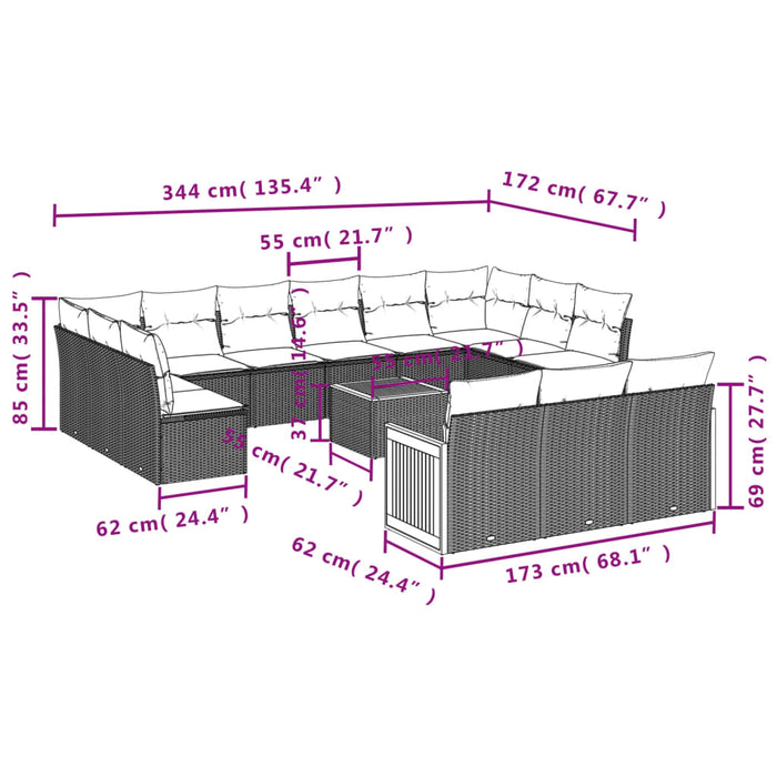 Set mobilier de grădină cu perne, 14 piese, negru, poliratan WALTI