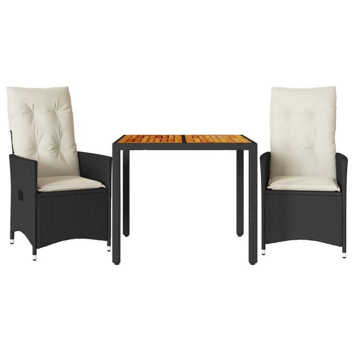 Set bistro cu perne, 3 piese, negru, poliratan și acacia - WALTI WALTI
