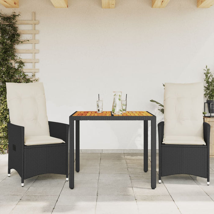 Set bistro cu perne, 3 piese, negru, poliratan și acacia - WALTI WALTI
