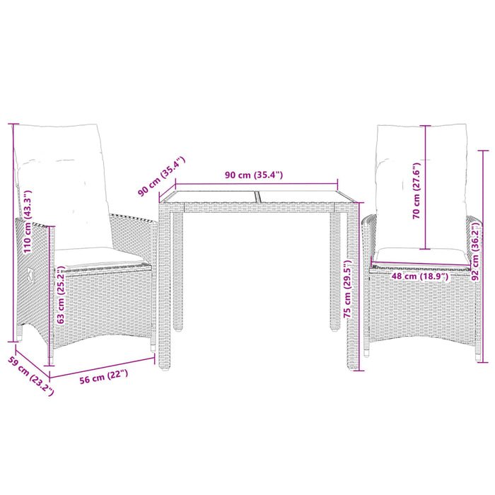 Set bistro cu perne, 3 piese, negru, poliratan WALTI