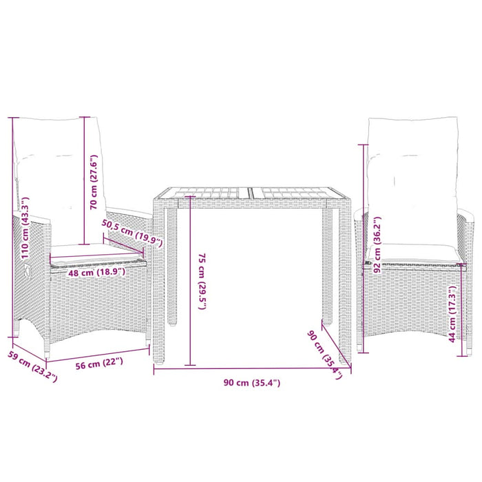 Set bistro cu perne, 3 piese, negru, poliratan - WALTI WALTI