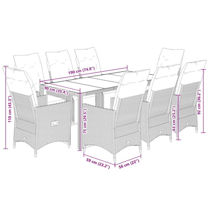 Set bistro de grădină cu perne, 9 piese, gri, poliratan WALTI