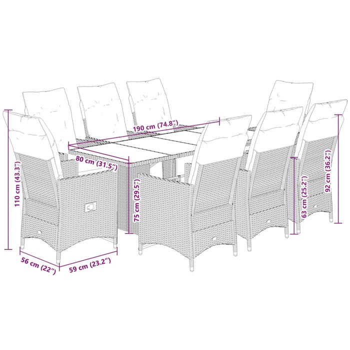 Set bistro de grădină cu perne, 9 piese, maro, poliratan - WALTI WALTI