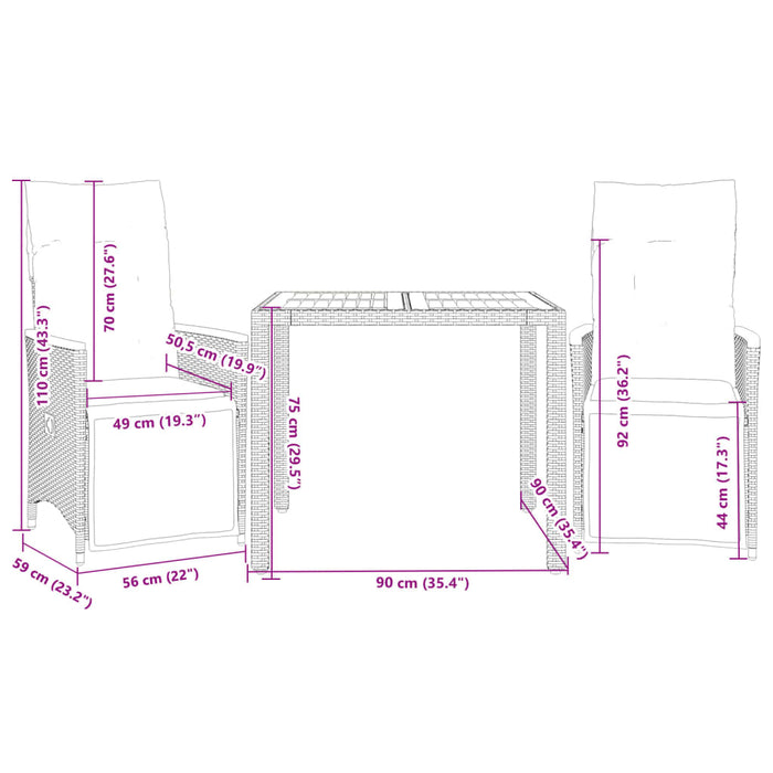 Set bistro de grădină cu perne, 3 piese, negru, poliratan WALTI