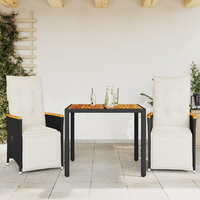 Set bistro de grădină cu perne, 3 piese, negru, poliratan WALTI