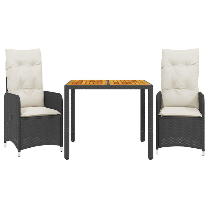Set bistro de grădină cu perne, 3 piese, negru, poliratan WALTI