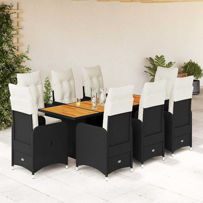 Set bistro de grădină, 9 piese, cu perne, negru, poliratan - WALTI WALTI