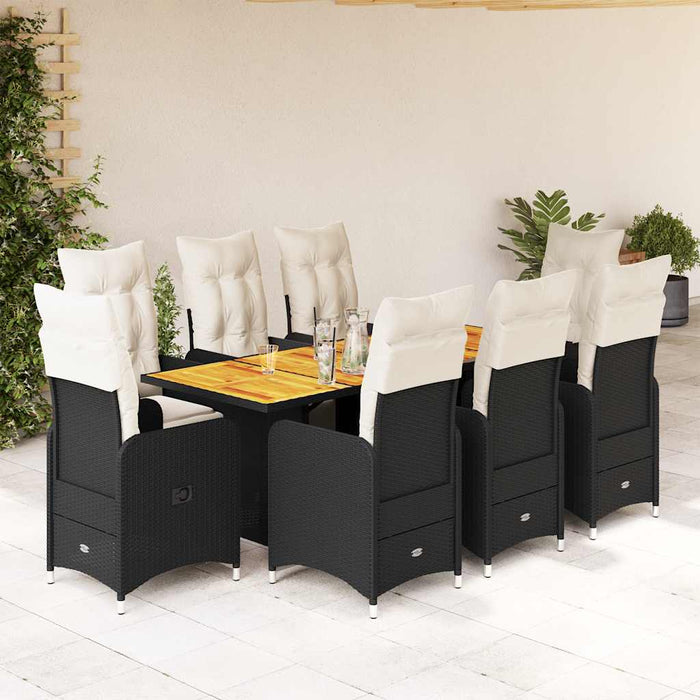 Set bistro de grădină, 9 piese, cu perne, negru, poliratan - WALTI WALTI