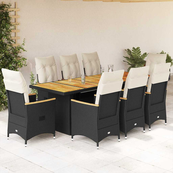 Set bistro de grădină, 9 piese, cu perne, negru, poliratan - WALTI WALTI