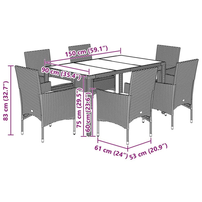 Set mobilier de grădină cu perne 7 piese negru poliratan&sticlă - WALTI WALTI