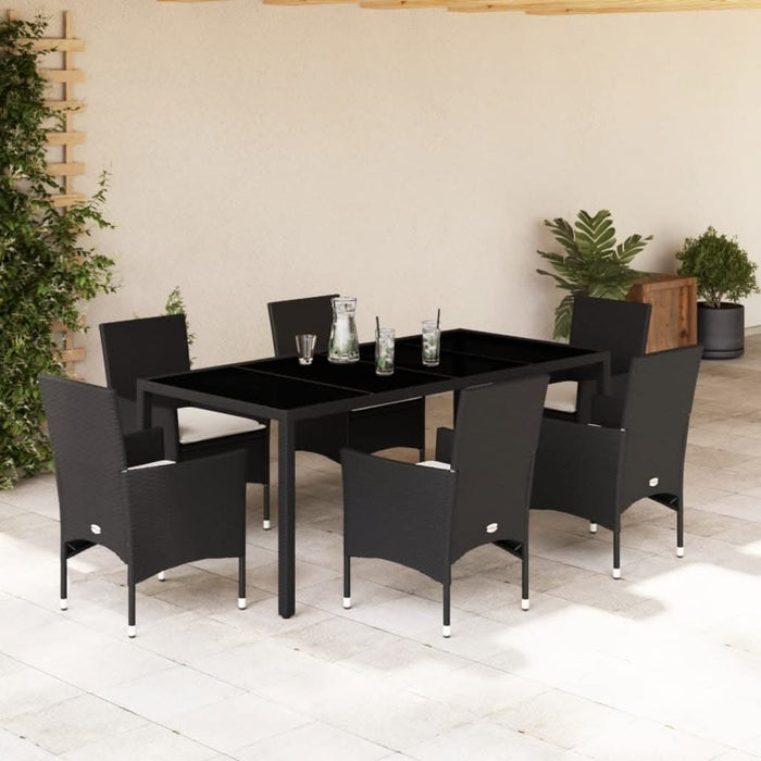 Set mobilier de grădină cu perne 7 piese negru poliratan&sticlă - WALTI WALTI