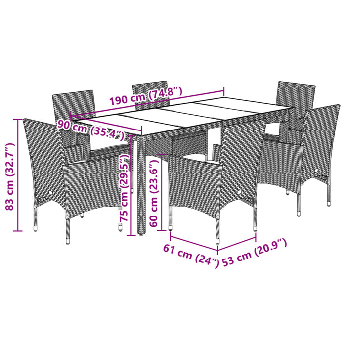 Set mobilier de grădină cu perne 7 piese negru poliratan&sticlă WALTI