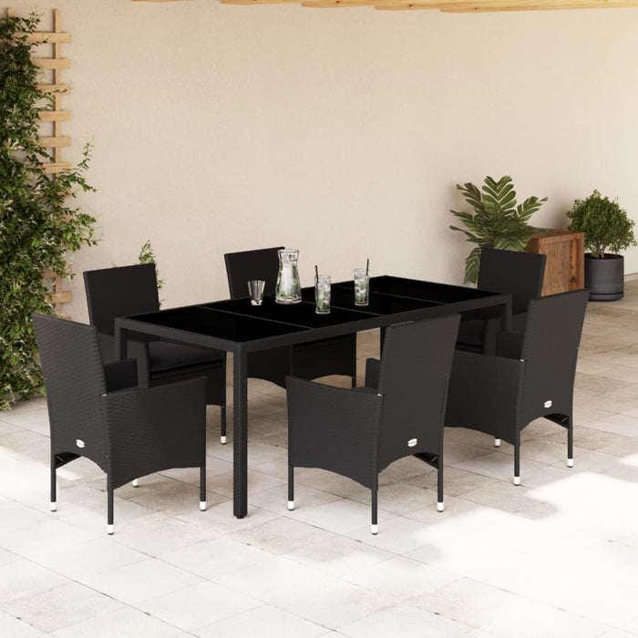 Set mobilier de grădină cu perne 7 piese negru poliratan&sticlă WALTI