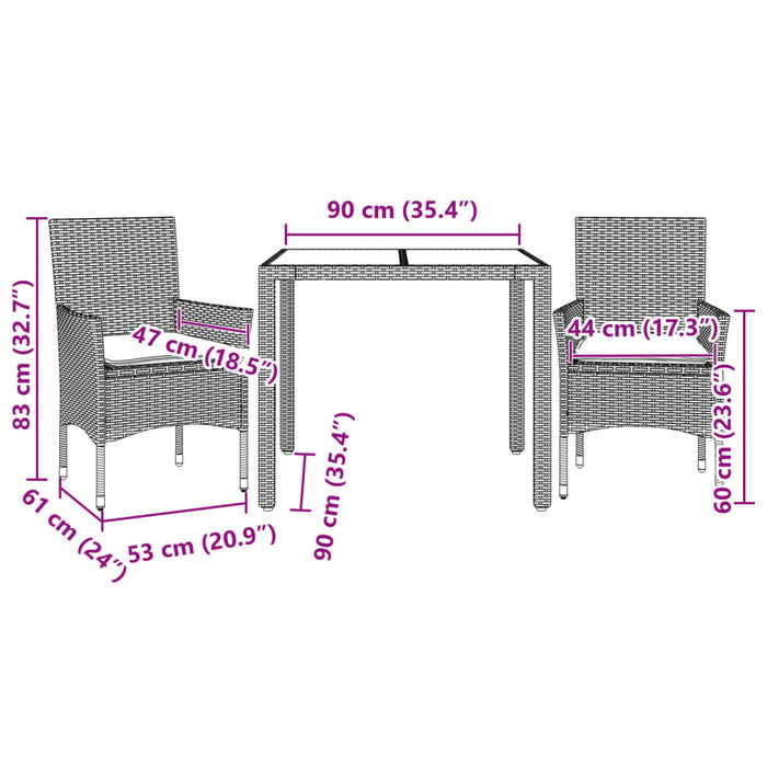 Set mobilier de grădină cu perne 3 piese maro poliratan&sticlă - WALTI WALTI
