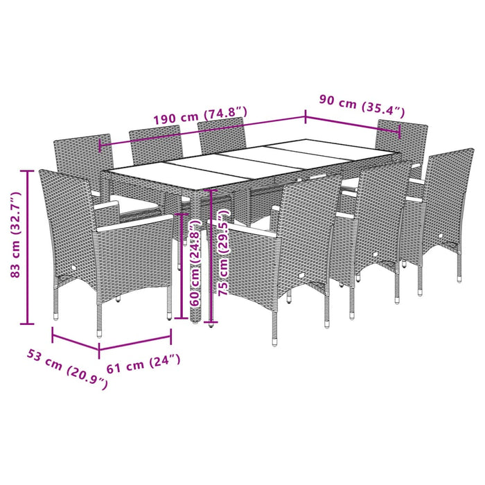 Set mobilier grădină cu perne 9 piese gri poliratan/lemn acacia WALTI