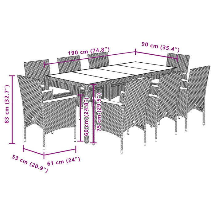 Set mobilier de grădină cu perne 9 piese negru poliratan&sticlă WALTI