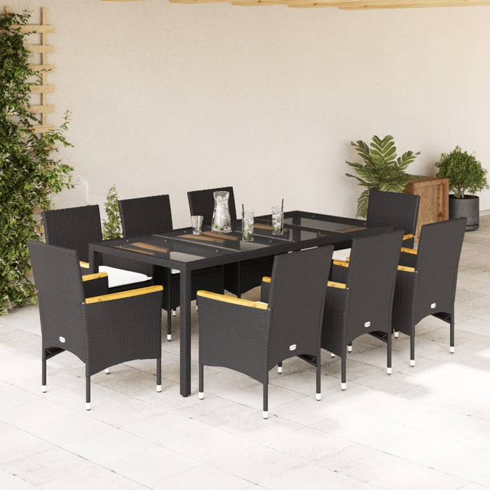 Set mobilier de grădină cu perne 9 piese negru poliratan&sticlă WALTI