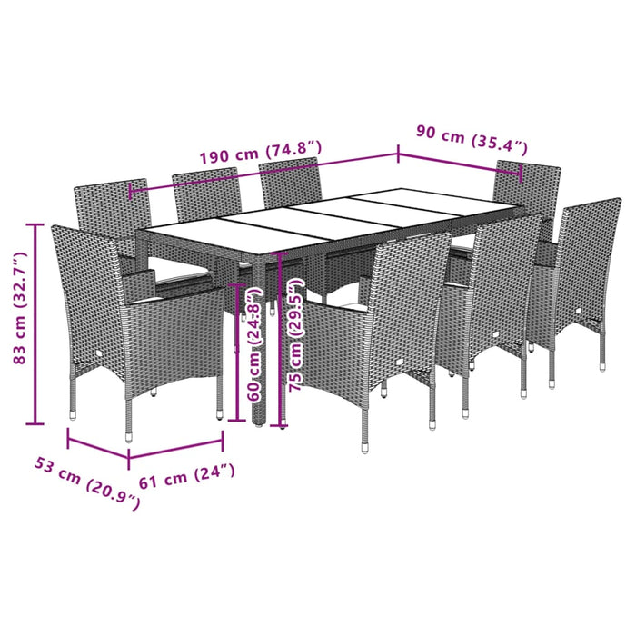 Set mobilier grădină perne 9 piese negru poliratan/lemn acacia WALTI