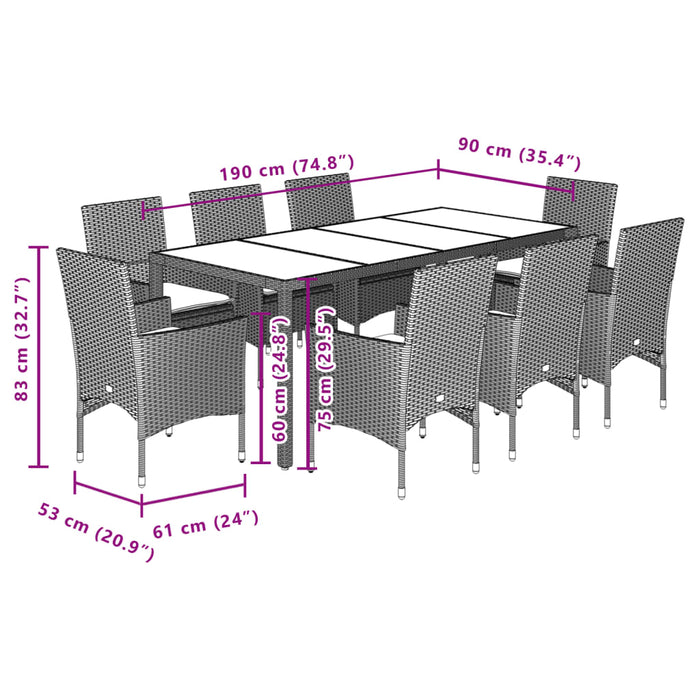Set mobilier grădină perne 9 piese negru poliratan/lemn acacia WALTI