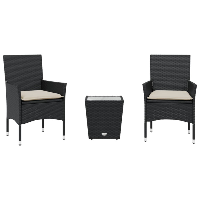 Set bistro cu perne, 3 piese, negru, poliratan și sticlă WALTI