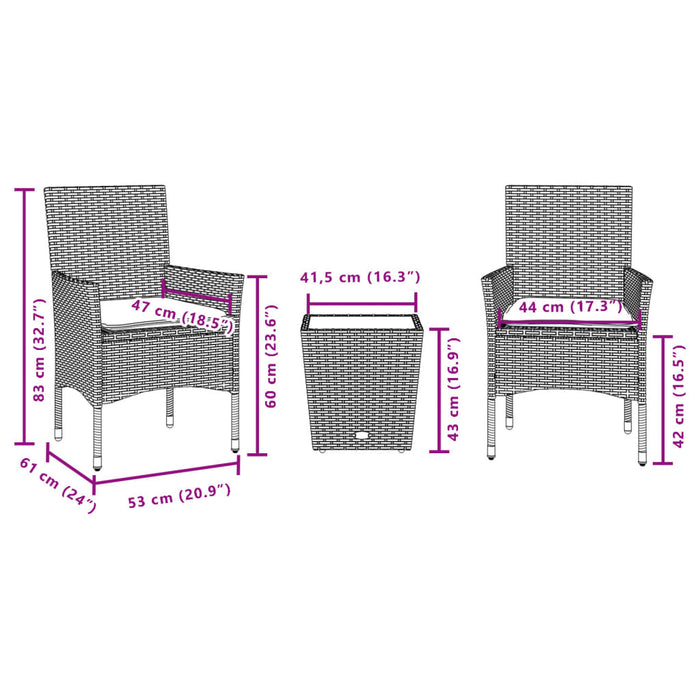 Set bistro cu perne, 3 piese, negru, poliratan și sticlă WALTI