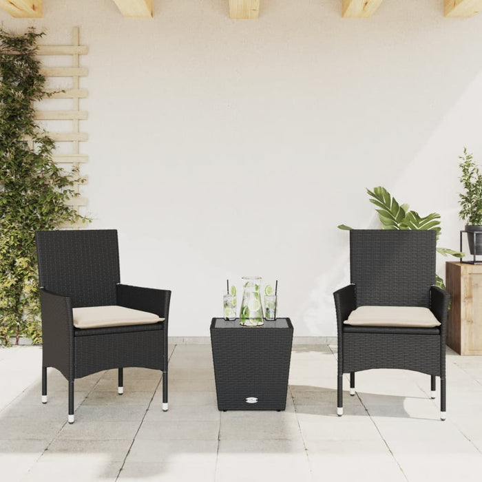 Set bistro cu perne, 3 piese, negru, poliratan și sticlă WALTI