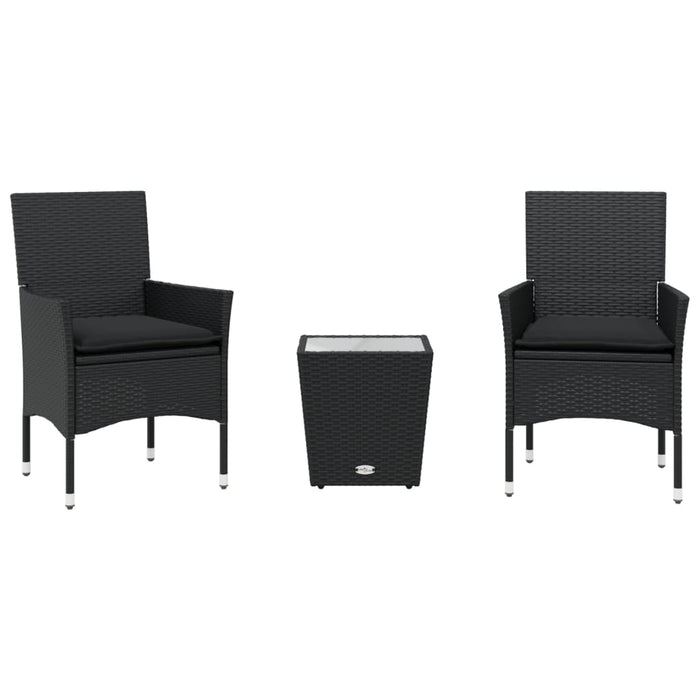 Set bistro cu perne, 3 piese, negru, poliratan și sticlă WALTI