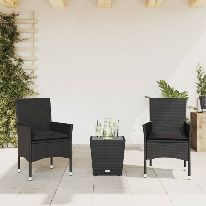 Set bistro cu perne, 3 piese, negru, poliratan și sticlă WALTI