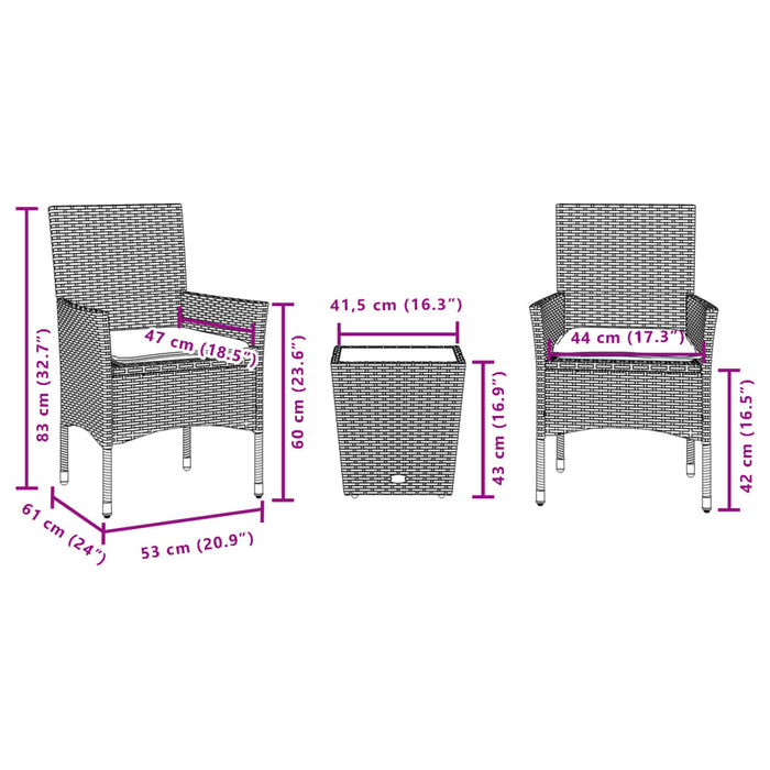 Set bistro cu perne, 3 piese, gri, poliratan și sticlă - WALTI WALTI