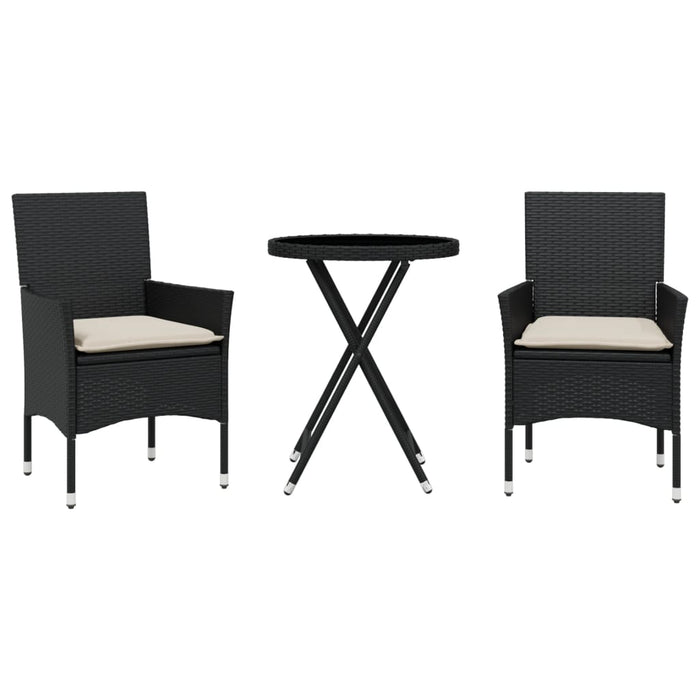 Set bistro cu perne, 3 piese, negru, poliratan și sticlă - WALTI WALTI