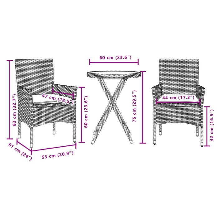 Set bistro cu perne, 3 piese, negru, poliratan și sticlă - WALTI WALTI