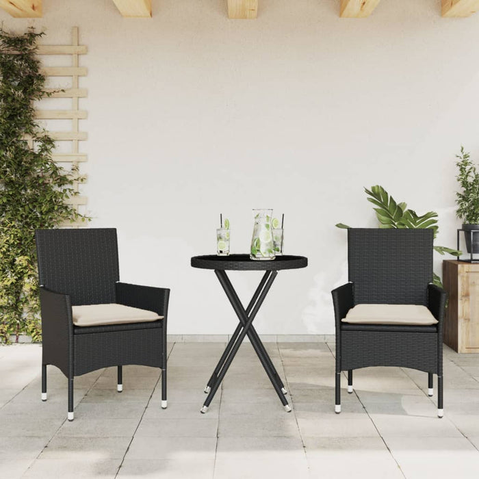 Set bistro cu perne, 3 piese, negru, poliratan și sticlă - WALTI WALTI