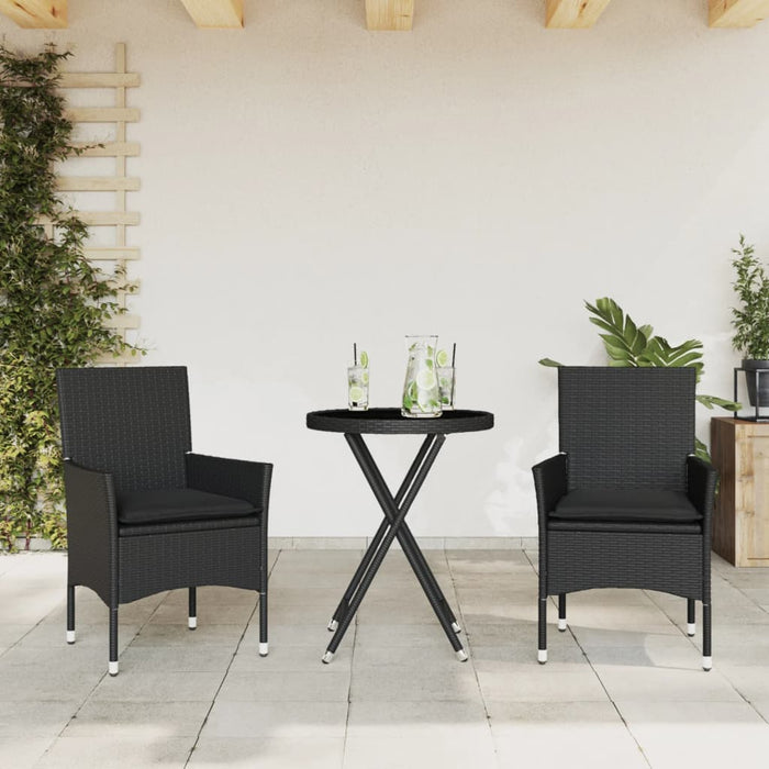Set bistro cu perne, 3 piese, negru, poliratan și sticlă WALTI