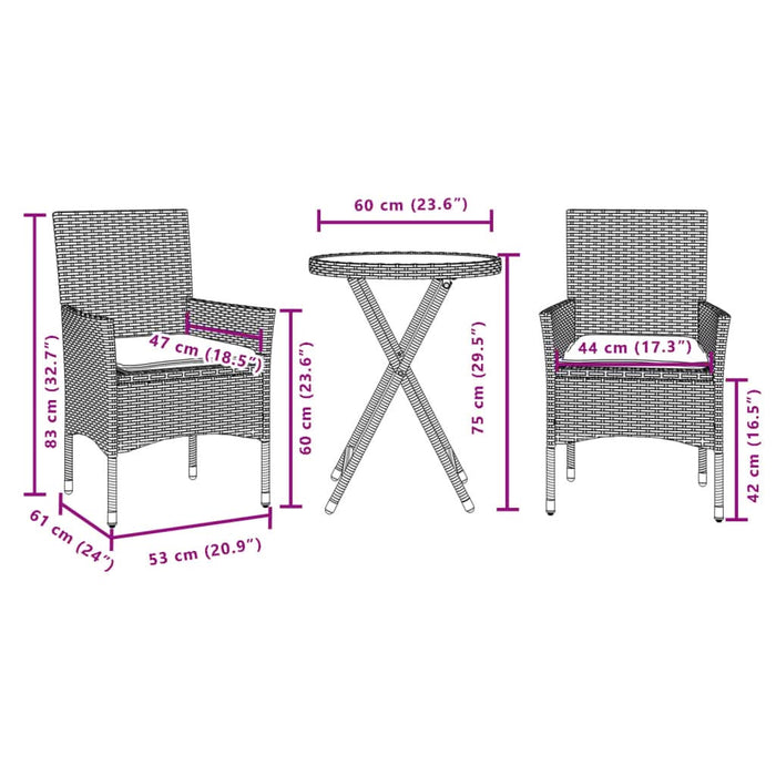 Set bistro cu perne, 3 piese, gri, poliratan și sticlă WALTI