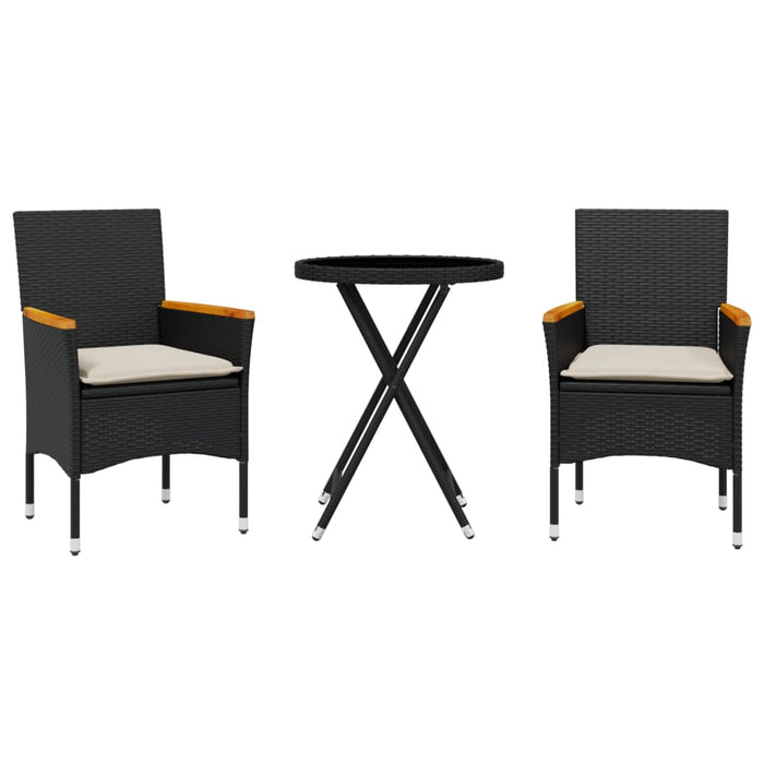 Set bistro cu perne, 3 piese, negru, poliratan și sticlă WALTI