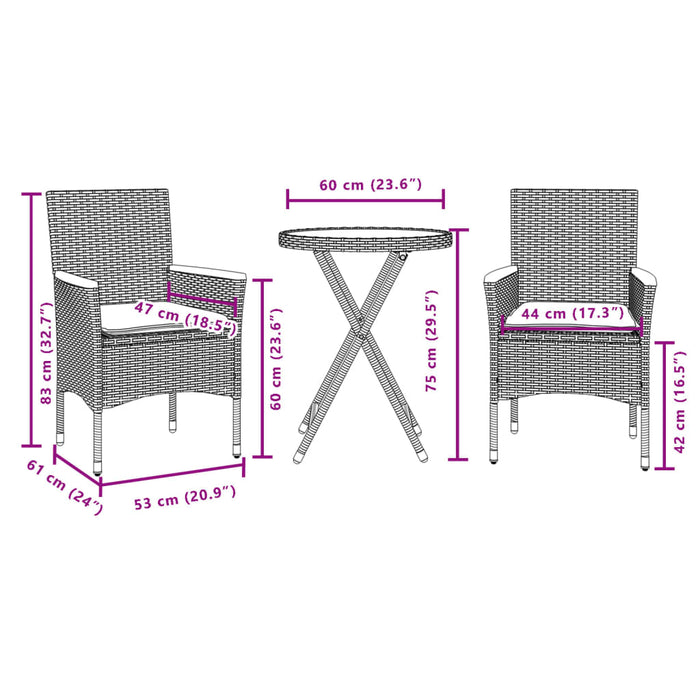 Set bistro cu perne, 3 piese, negru, poliratan și sticlă WALTI