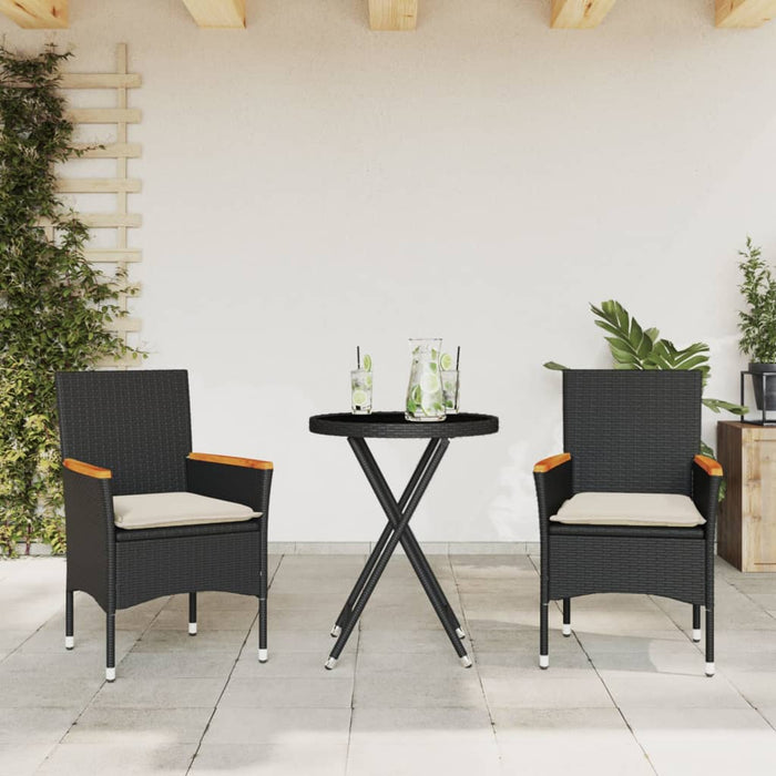 Set bistro cu perne, 3 piese, negru, poliratan și sticlă WALTI
