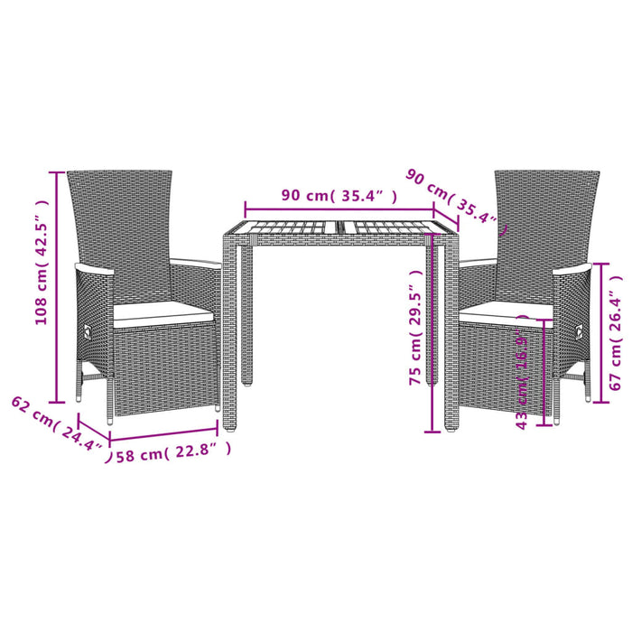 Set mobilier de grădină cu perne, 3 piese, negru, poliratan - WALTI WALTI