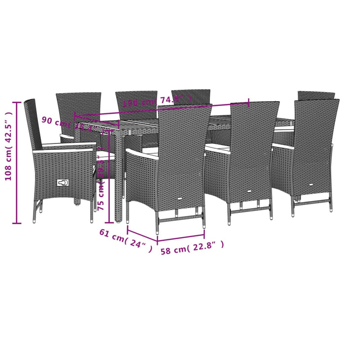 Set mobilier de grădină cu perne, 9 piese, negru, poliratan - WALTI WALTI