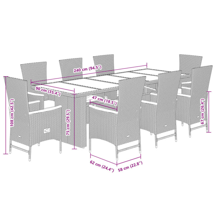 Set mobilier de grădină cu perne, 9 piese, negru, poliratan WALTI