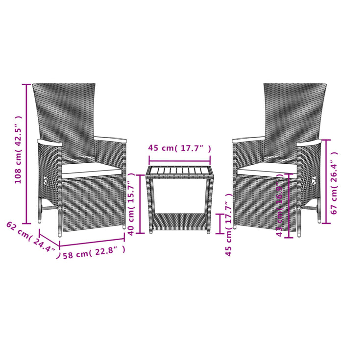 Set mobilier de grădină cu perne, 3 piese, negru, poliratan - WALTI WALTI