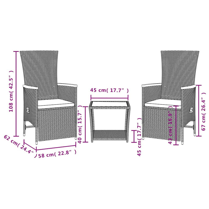 Set mobilier de grădină cu perne, 3 piese, negru, poliratan - WALTI WALTI