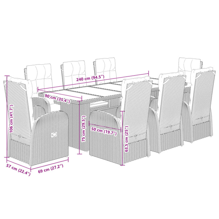 Set mobilier de grădină cu perne, 9 piese, negru, poliratan WALTI